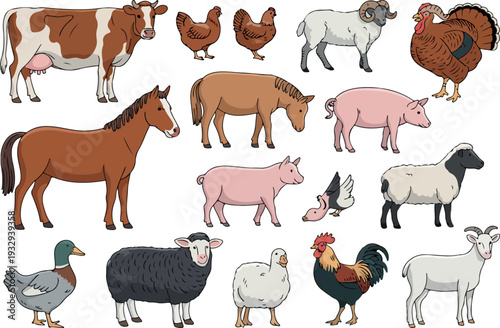Farm Animals Vector Illustration Set Featuring Cow, Horse, Sheep, Goat, Pig, and Poultry for Agriculture and Farming