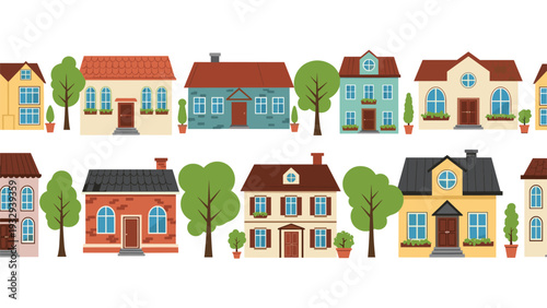 Charming horizontal neighborhood border displays a row of various colorful suburban houses interspersed with green trees.