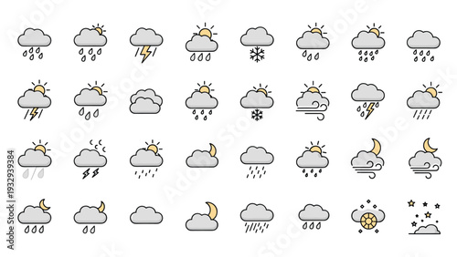 Comprehensive set of color line icons representing various weather conditions including sun clouds rain snow and thunder.