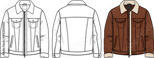 Men's Corduroy Sherpa Trucker Jacket with Fleece Collar Technical Fashion Flat Sketch Illustration