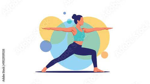 Female character performing a yoga warrior pose against a colorful abstract circular background for wellness and health.