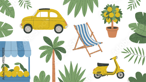 A whimsical illustration pattern featuring Mediterranean and tropical elements on a white background (3)_traced