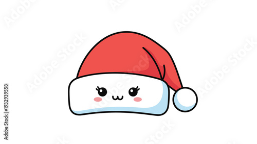 Adorable kawaii style red Santa Claus hat with a friendly face and rosy cheeks isolated on a clean white background.