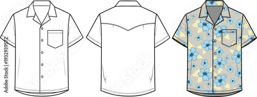 Men's Floral Hawaiian Aloha Shirt and Plain Cuban Collar Technical Fashion Flat Sketch Illustration