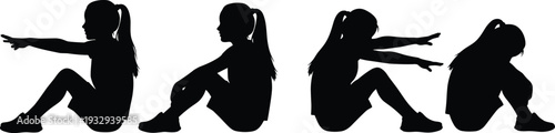 Little Girl Sitting and Reaching Silhouette Collection Including Child Resting Stretching and Thinking Poses for Sports Education and Health Vector