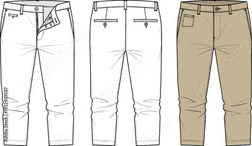 Men's Formal Slim Fit Chino Trousers Fashion Flat Sketch and Technical Pants Template Illustration