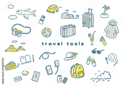 旅行モチーフの手描き風イラストセット