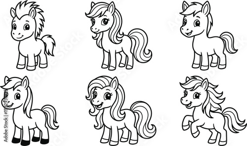 Cute Cartoon Pony Characters Set Adorable Baby Horses Kawaii Style Line Art Vector Illustration Collection