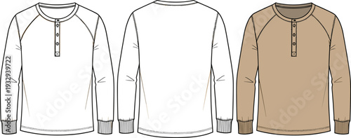 Men's Long Sleeve Henley Shirt Technical Sketch, Button Placket Tee Template, Flat Vector Illustration