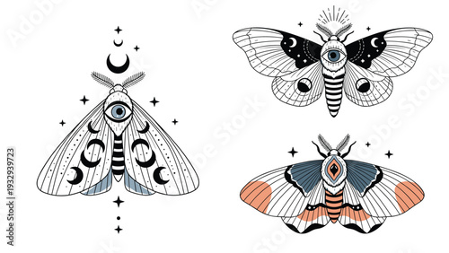 Mystical celestial moths with moons stars and eyes in a vintage line art style for spiritual and occult design projects.