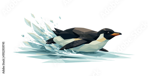 Low-poly vector illustration of a penguin sliding on ice, single penguin with sharply faceted anatomy and angular flippers, belly