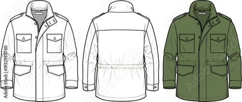 Mens M65 Field Jacket Technical Flat Sketch Vector, Military Style Coat Front and Back Illustration