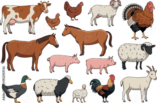 Vector Set of Farm Animals Like Cow, Horse, Sheep, Goat, Pig, and Poultry Isolated on White Background for Farming Design