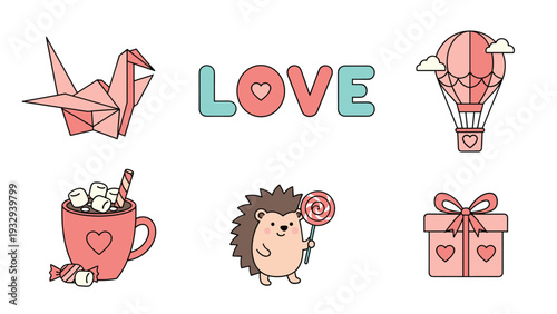 Collection of cute romantic icons including an origami crane hot air balloon and word love in soft pink and blue tones.