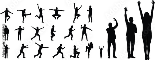 Black silhouettes of diverse people in active poses jumping running dancing and celebrating isolated on white background for sports fitness and energetic lifestyle concepts