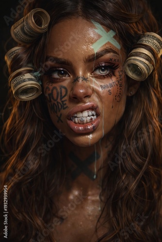 High Resolution Conceptual Portrait of Bold Woman with Dollar Bill Hair Rollers, Face Tattoos and Grillz, Edgy Street Fashion Aesthetic, Dramatic Cinematic Lighting
