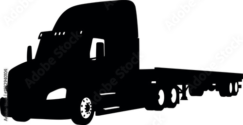 Black silhouette illustration of semi truck with flatbed trailer isolated on white background