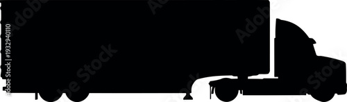 Black Silhouette of Semi Truck with Trailer Isolated on White Background for Logistics and Transportation Design