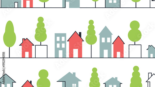 Minimalist seamless background of a stylized suburban neighborhood with simple colorful houses and green trees in rows.
