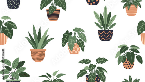 Seamless pattern of assorted green house plants in decorative ceramic pots including aloe and monstera on white.