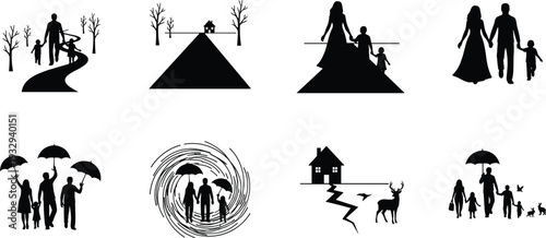 Black vector silhouettes set of family walking on path towards house under umbrellas representing protection insurance safety togetherness support and metaphorical journey through life challenges
