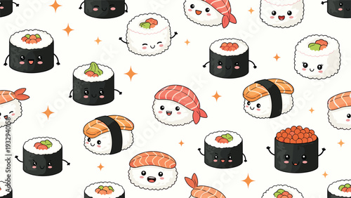 Happy kawaii sushi characters with cute faces and twinkling stars in a seamless pattern for Japanese food lovers.