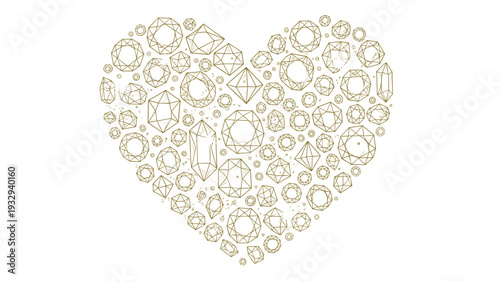Heart shape created from numerous golden line drawings of different diamond and gemstone cuts on a white background.