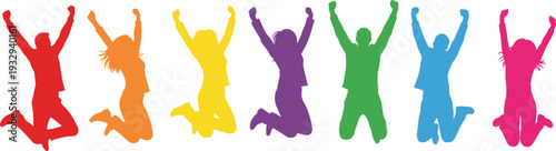 Colorful Silhouettes of Diverse Happy People Jumping in Air Celebrating Success Victory and Freedom Isolated on White Background for Community and Teamwork Concept