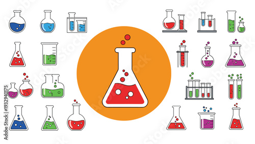 Large set of various laboratory glassware beakers and flasks filled with colorful chemical liquids for science research.