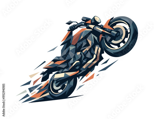 Low-poly vector illustration of a motorcycle snapping into a wheelie surge, dynamic diagonal composition with the front wheel