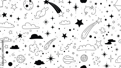 Hand drawn black and white seamless pattern of a night sky with stars shooting stars moons and fluffy clouds.