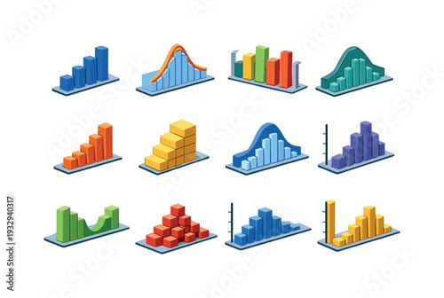 Isometric vector icons of data visualization histogram charts: histogram bars, bell curve overlay, range intervals, density