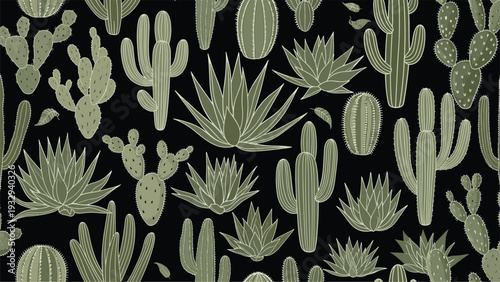 Seamless background design showing a variety of green desert plants, including cacti, agaves, and succulents on a solid black backdrop.