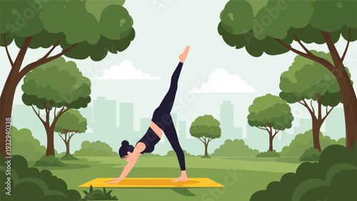 Active young woman performing a one-legged downward dog yoga pose on a yellow mat in a tranquil city park surrounded by green trees.