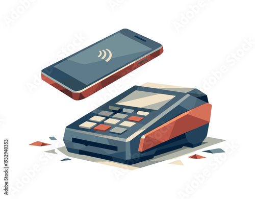 Low-poly vector illustration of the outcome after the payment tap shock, device lifted away calmly from the terminal with