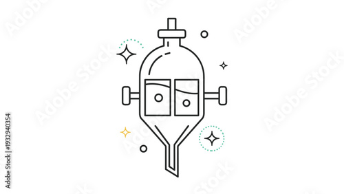 Minimalist line art illustration of a chemical distillation apparatus with bubbles and stars representing a laboratory experiment.