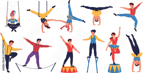 Flat Vector Circus Performer Set Featuring Acrobats Aerialists Tightrope Walkers and Gymnasts for Carnival Event Posters Childrens Party Invitations and Entertainment Graphic Designs