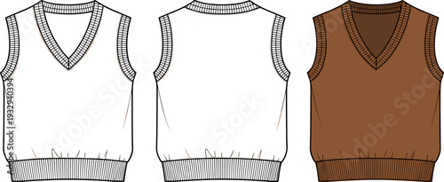 V-Neck Knitted Vest Technical Fashion Flat Sketch, Sleeveless Sweater Template, Front and Back View Flat Illustration