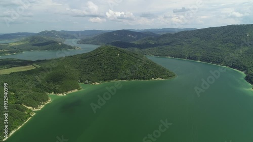 Aerial view of beautiful bulgarian nature. Mountain hills and water of Tsonevo Reservoir dam panorama, nature of Bulgaria. Bulgarian wonderful rock, Chudnite skali. 