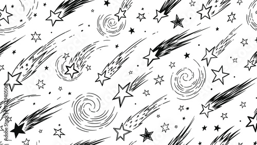 Hand-drawn seamless pattern of shooting stars, cosmic swirls, and twinkling sparkles creating a magical celestial night sky effect.