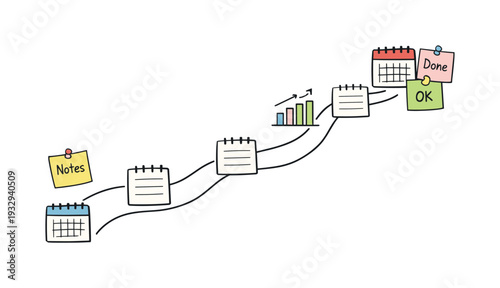 Milestone roadmap path, notebook strips as checkpoints, mini chart and calendar icons, pinned sticky notes for Teacher conference