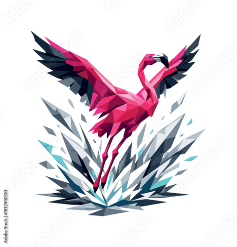 Low-poly vector illustration of a flamingo breaking free from the water, powerful upward thrust with legs trailing and wings