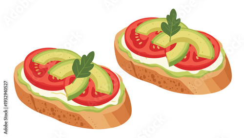 Healthy breakfast option featuring two pieces of sourdough toast topped with creamy avocado, fresh tomato slices, and parsley.
