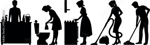 Silhouette Collection of Various People Performing Household Cleaning Tasks Such as Vacuuming, Cooking, and Bathroom Cleaning