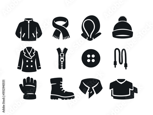 Solid vector icons of windy day clothing: jacket, scarf, hood, hat, coat, zipper, button, drawstring, glove, boot, collar, layer,