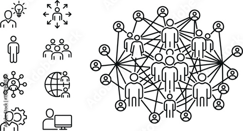 Global Social Network Communication Concept with Connected People Icons Digital Community Technology Line Art Vector Illustration