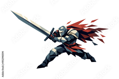 Low-poly vector illustration of a knight accelerating into a sword swing, dynamic diagonal composition with the blade slicing