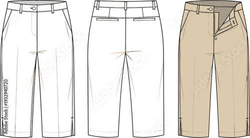 Women's Chino Capri Pants Technical Flat Sketch Vector, Cropped Trousers Front and Back Illustration