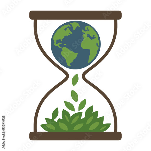 Earth globe inside a large glass hourglass with sand forming green leaves falling through