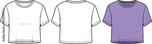 Women's Crop Top T-shirt Vector Template, Short Sleeve Boxy Tee Technical Drawing, Flat Apparel Sketch